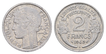 Франция 2 франка 1949 KM 886a.1, Le Frank 369.14 алюминий 3856-432