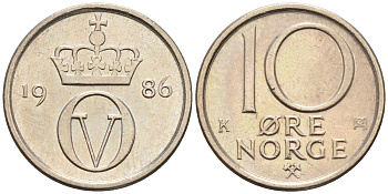 Норвегия 10 эре 1986  КМ 416 медно-никель    4169-332