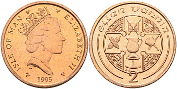 Остров Мэн 2 пенса 1995 АА, кельтский крест, ремёсла, Елизавета II (1952) KM 208 бронза BUNC 4583-124