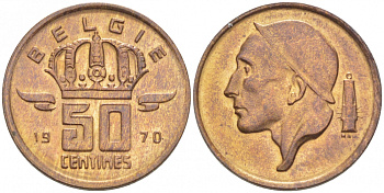 Бельгия 50 сантимов 1970 Belgie, Бодуэн I (1951-1993) KM 149.1 бронза UNC 3996-1255