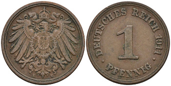Германия 1 пфенниг 1911 E KM 10, J. 10 медь 4576-168