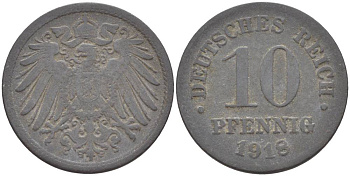 ГЕРМАНИЯ 10 ПФЕННИГОВ 1918 KM 26, J. 299, Weege 8 цинк 4551-1132
