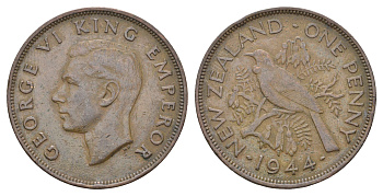 Новая Зеландия 1 пенни 1944 Георг VI (1936-1952), новозеландский туи KM 13 бронза    4403-1224