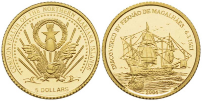 Северные Марианские острова 5 долларов 2004 Путешествие Магеланна, корабли золото PROOF 00-811-27