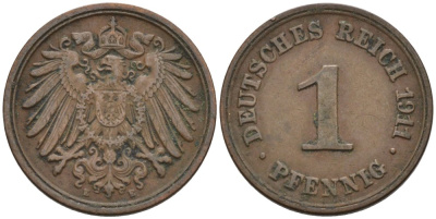 Германия 1 пфенниг 1911 E KM 10, J. 10 медь 4576-168
