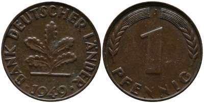 ФРГ 1 пфенниг 1949 J KM А101, J.376 сталь плакированная медью 99-244