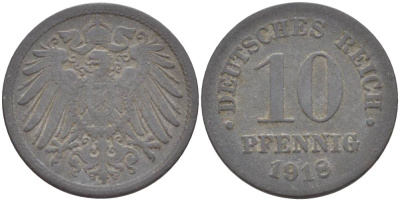 ГЕРМАНИЯ 10 ПФЕННИГОВ 1918 KM 26, J. 299, Weege 8 цинк 4551-1132