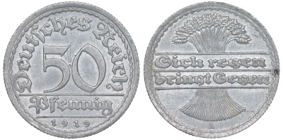 Германия 50 пфеннигов 1919 A KM 27, J. 301 алюминий 4163-216