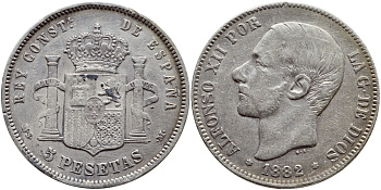 Испания 5 песет 1882 (82) MS-M, Альфонсо XII (1874-1885) KM 688 серебро 02-224-22