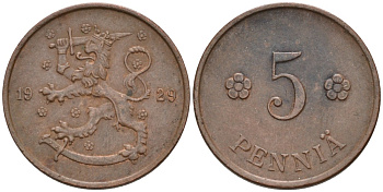 ФИНЛЯНДИЯ 5 ПЕННИ 1929 KM 22 медь 192-1247