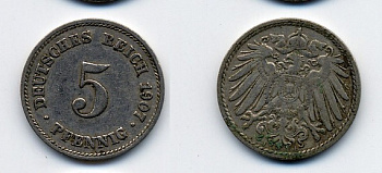 ГЕРМАНИЯ 5 ПФЕННИГОВ 1907 J, KM 11, J. 12 медно-никель 84-1656