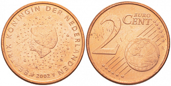 НИДЕРЛАНДЫ 2 ЕВРОЦЕНТА 2002 KM 235 сталь покрытая медью UNC 3457-1112