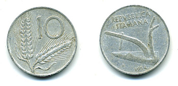 ИТАЛИЯ 10 ЛИР 1954 R, ПЛУГ KM 93 алюминий 23-1311