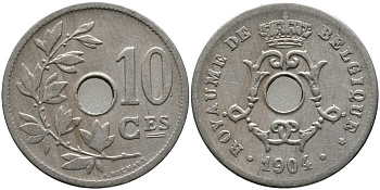 БЕЛЬГИЯ 10 САНТИМОВ 1904 BELGIQUE KM 52 медно-никель 4379-1424