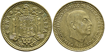 Испания 1 песета 1966 (74) Франсиско Франко (1939-1975) KM 796 алюминиевая бронза 4393-225