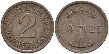 Германия 2 рейхспфеннига 1925 A KM 38, J. 314 бронза 4147-1248