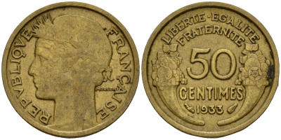 Франция 50 сантимов 1933 KM 894.1 алюминиевая бронза 4154-1113