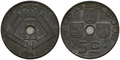 Бельгия 5 сантимов 1941 Belgie - Belgique, Леопольд III (1934-1947), германская оккупация, Вторая мировая война KM 124 цинк 4160-1129