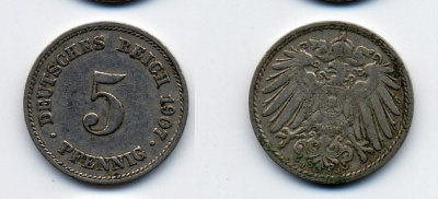 ГЕРМАНИЯ 5 ПФЕННИГОВ 1907 J, KM 11, J. 12 медно-никель 84-1656