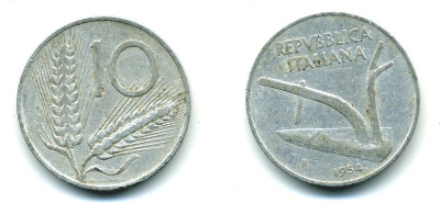 ИТАЛИЯ 10 ЛИР 1954 R, ПЛУГ KM 93 алюминий 23-1311