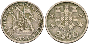 Португалия 2,5 эскудо 1964 парусник KM 590 медно-никель 4115-461