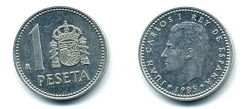 Испания 1 песета 1985 M, Хуан Карлос I (1975-2014) KM 821 алюминий 59-1813