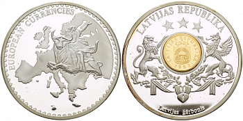НИДЕРЛАНДЫ МЕДАЛЬ ND МОНЕТА НА МЕДАЛИ, СЕРИЯ ДОЕВРОВЫЕ ЕВРОПЕЙСКИЕ МОНЕТЫ, ЛАТВИЯ, 1 САНТИМ серебрение PROOF 1090-1-43