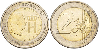 Люксембург 2 евро 2004 Портрет и монограмма герцога Люксембурга Анри Нассау KM 85 биметалл UNC 4517-646