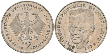 ФРГ 2 марки 1992 G, Курт Шумахер, 30 лет Федеративной Республике KM 149 медно-никель 4565-942