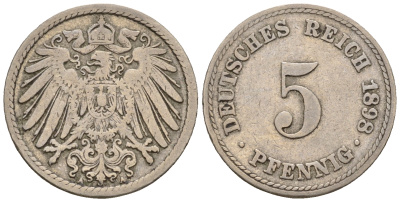 Германия 5 пфеннигов 1897 A, KM 11, J. 12 медно-никель 220-659