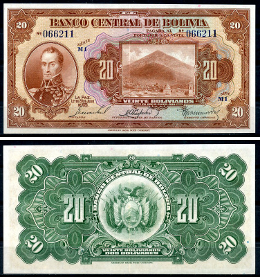 Боливия 20 боливиано 1928 Симон Боливар, Потоси, серия M1 Pick 122 a (7)  бумага  aUNC 444-8-3-2