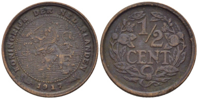 НИДЕРЛАНДЫ 1/2 ЦЕНТА 1917 ВИЛЬГЕЛЬМИНА (1890-1948) KM 138 бронза 39-217