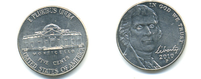 США 5 ЦЕНТОВ 2010 P ДЖЕФФЕРСОН KM 381 медно-никель 86-657