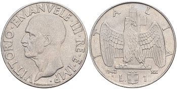 ИТАЛИЯ 1 ЛИРА 1942 R, ГОД XX, ВИКТОР ЭММАНУИЛ III (1900-1946) KM 77b, VEM3. 1102 нержавеющая сталь 3855-522