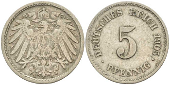 ГЕРМАНИЯ 5 ПФЕННИГОВ 1905 E KM 11, J. 12 медно-никель 105-112