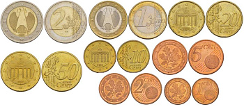 ФРГ евронабор из 8 монет 2002 А (1, 2, 5, 10, 20, 50 ЕВРОЦЕНТОВ, 1, 2 ЕВРО) KM 207, 208, 209, 210, 211, 212, 213, 214 N5-51