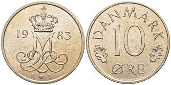 Дания 10 эре 1983 R; B, Маргрете  II (1972-2024) KM 860.3 медно-никель 201-1238