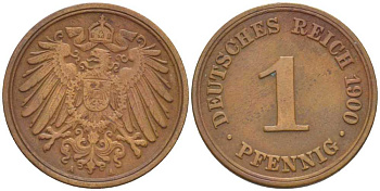ГЕРМАНИЯ 1 ПФЕННИГ 1900 A KM 10, J. 10, Weege 2 медь 211-244