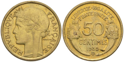 ФРАНЦИЯ 50 САНТИМОВ 1939 В, ТИП MORLON, МОНДВОР БРЮССЕЛЬ KM 894.2, LE FRANC 192.16 алюминиевая бронза 44-916