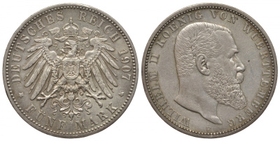 Вюртемберг 5 марок 1907 F, Вильгельм II (1891-1918) Weege 172, J. 176, KM 632 серебро 1067-2-25