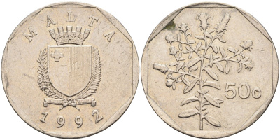 Мальта 50 центов 1992 девясил KM 98 медно-никель 213-945