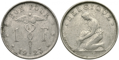 Бельгия 1 франк 1923 Belgique, Альберт I (1909-1934) KM 89 никель 51-1936