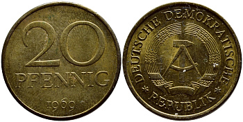 ГДР 20 пфеннигов 1969 А, первый год KM 11 латунь UNC 4398-1142