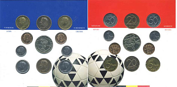 Бельгия набор из 10 монет + жетон 1994 Belgie-Belgique, чемпионат мира по футболу 1994 года В США, в оригинальном картонном буклете KM MS 7 UNC 2-6-3-13