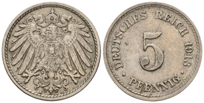 Германия 5 пфеннигов 1913 A, KM 11, J. 12 медно-никель 220-651
