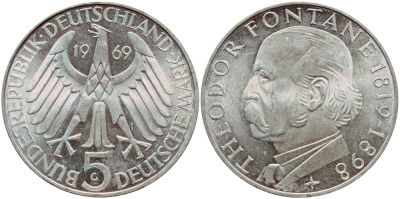 ФРГ 5 марок 1969 G, 150 лет со дня рождения Теодора Фонтана J. 399, KM 125.1 серебро aUNC 1529-234