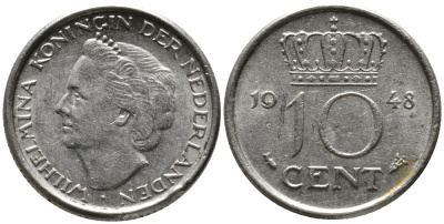 Нидерланды 10 центов 1948 Вильгельмина (1895-1948) KM 177 никель 4392-629