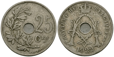 Бельгия 25 сантимов 1922 Belgique KM 68 медно-никель 4165-432