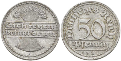 ГЕРМАНИЯ 50 ПФЕННИГОВ 1921 F KM 27, J. 301, Weege 10 алюминий 261-716