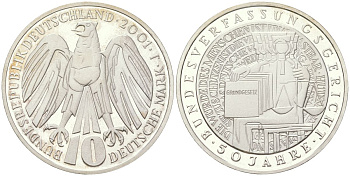 Германия 10 марок 2001 J, 50 лет Федеральному конституционному суду KM 206 серебро PROOF 1530-1233